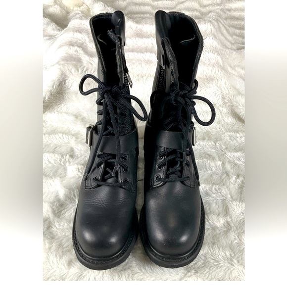 Double H Womens 7M Black Leather Zip Buckle Lace Up Motorcycle Combat Boots - Picture 1 of 14
